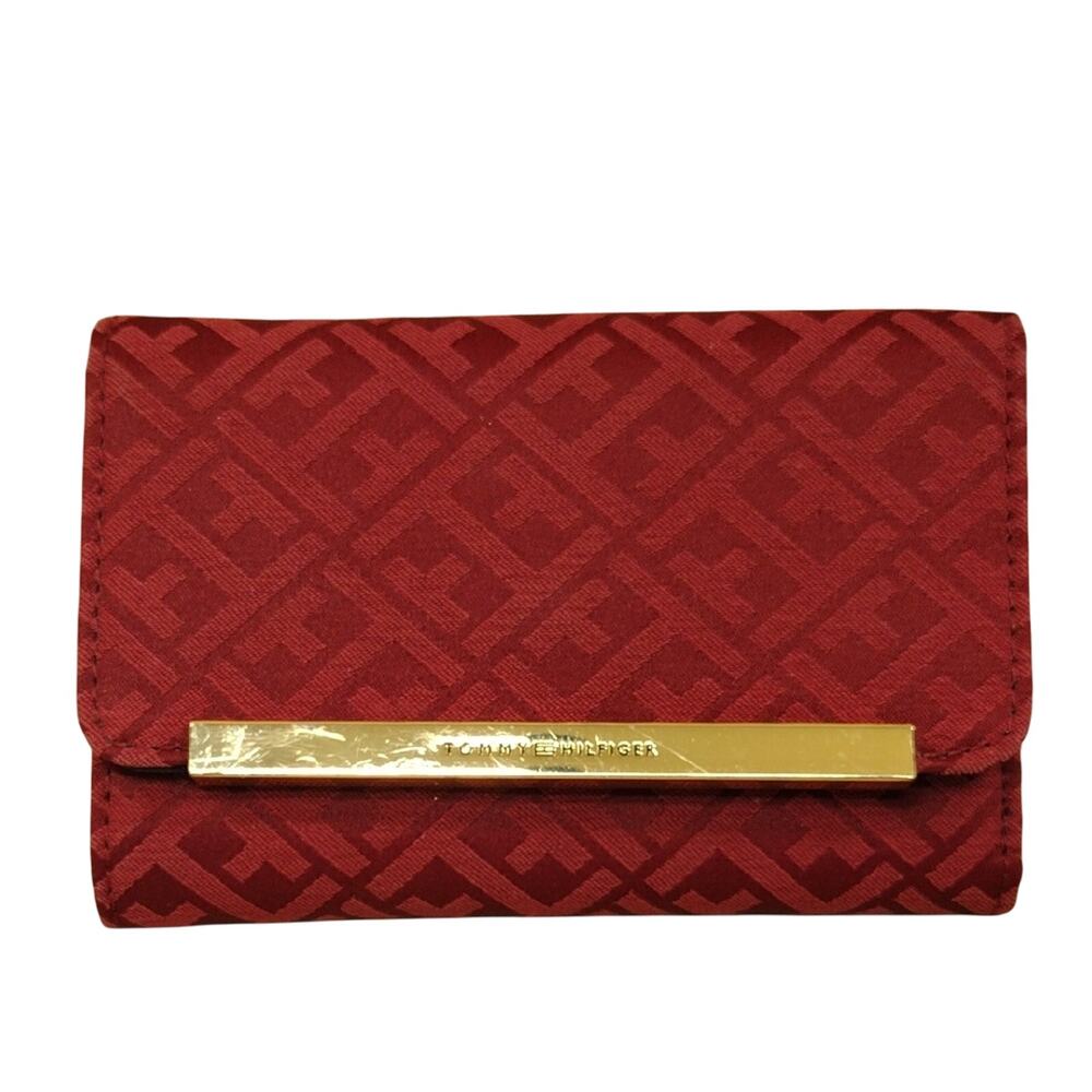 Tommy Hilfiger Wallet Women’s Red Trifold Gold Logo Monogram Designer Preppy